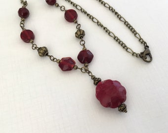 Red antiqued style necklace red glass beaded vintage style