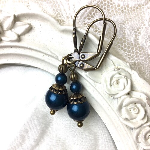 Petrol swarovski pearl dangle earrings antiqued 2024 victorian style dangle lever back earrings