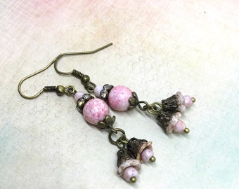 Pink flower earrings, vintage flower earrings, romantic brass earrings