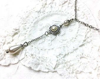 Antike silberne Lariat-Halskette mit romantischen Perlen im viktorianischen Stil