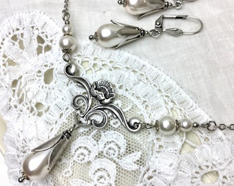 Romantic white pearl floral antique silver art nouveau jewelry set pearl teardrop victorian style chandelier bridal jewelry set