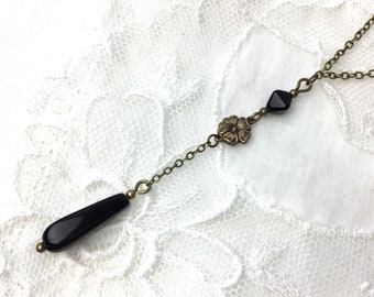 black teardrop floral lariat necklace vintage style black y-shape necklace