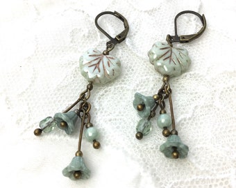 Mint green floral drop earrings antique brass czech glass flower maple leaf dangle earrings