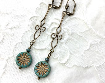 Turquoise vintage style flower drop earrings antique brass blue floral czech glass dangle earrings