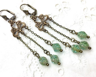 Sea foam green floral chandelier antiqued brass drop earrings green vintage style chandelier dangle earrings