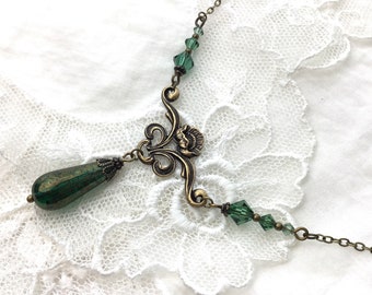 Art nouveau Emerald teardrop floral chandelier necklace green chandelier antique brass necklace