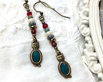 Teal vintage style cat dangle earrings antique brass drop earrings with cats