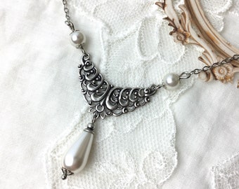 Romantic white pearl teardrop chandelier necklace victorian style antiqued silver pearl drop chandelier necklace
