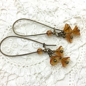 Yellow bell flower dangle earrings czech glass flower kidney hook floral earrings