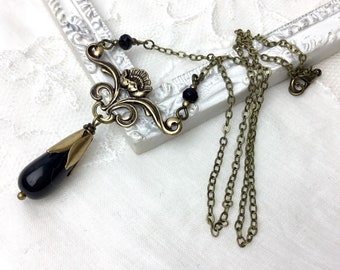 Art nouveau Black teardrop floral chandelier necklace Black romantic floral chandelier antiqued brass necklace