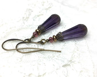 Purple teardrop antiqued brass drop earrings vintage style purple dangle earrings