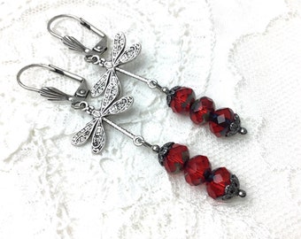 Floral Red antique silver dragonfly drop earrings victorian style red dangle earrings