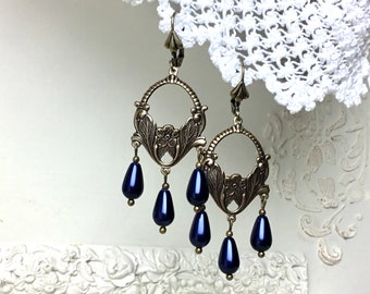 Blue pearl victorian style floral chandelier antiqued brass dangle earrings