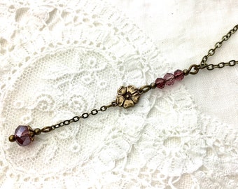 Amethyst beaded antique brass lariat necklace vintage style romantic Y-shape necklace