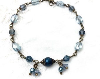 Blue antique brass beaded bracelet vintage style blue bracelet