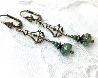 Aqua antique brass dangle earrings