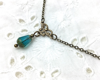 Aqua dainty floral necklace blue floral teardrop antique brass necklace