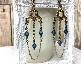 Blaue Jugendstil-Kronleuchter-Ohrringe, Montana-blaue Swarovski-Kristall-Ohrringe mit Hebelverschluss
