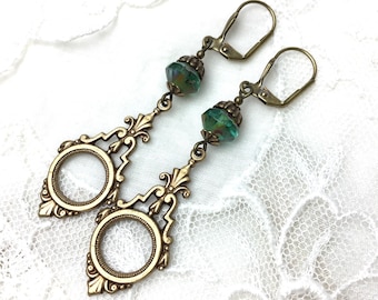 Aqua blue Art Deco antique brass drop earrings romantic blue victorian style dangle earrings