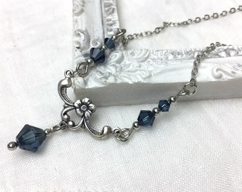 Romantic Montana blue floral chandelier necklace antique silver floral necklace