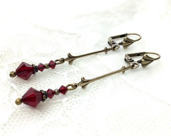 Swarovski Siam red dangle earrings antiqued brass deep red romantic french lily dangle earrings