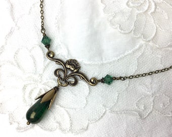 Art nouveau Emerald teardrop floral chandelier necklace green chandelier antique brass necklace