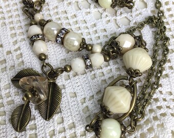 Ivory romantic brass necklace Beaded necklace ivory vintage styled necklace glass beaded flourish necklace