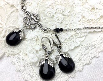 Black floral cabochon jewelry set with necklace and earrings black teardrop victorian style jewelry set