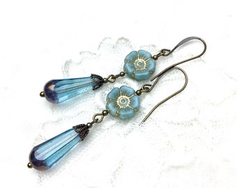 Blue flower and teardrop dangle earrings antiqued brass floral lever back earrings vintage style