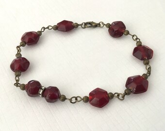 Red antiqued brass bracelet red beaded vintage style bracelet