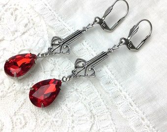 Red antique silver teardrop art nouveau dangle earrings with red cabochons