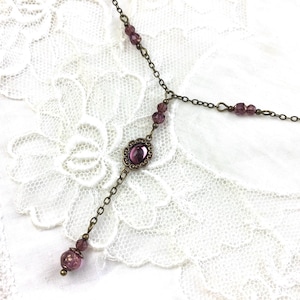 Amethyst beaded antique brass lariat necklace vintage style romantic Y-shape necklace
