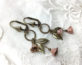 Vintage style pink czech glass floral drop earrings antiqued brass morning glory dangle earrings