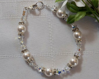 Swarovski White Pearl & Clear AB Crystal Bracelet, "The Melissa" with Crystal Roundels and Sterling Silver Trigger Clasp/Wedding/Bridal