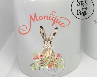 Tirelire lapin personnalisée, baptême, anniversaire, lapin avec fleurs sans tirelire, nièce, fille, filleule, idée cadeau,