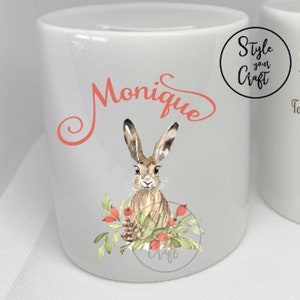 Bunny Money box personalised, Christening, birthday, Bunny with flowers no peeling coin bank, Niece, Daughter,  Goddaughter gift idea,