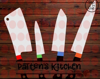 Couteaux de cuisine transformés monogramme divisé SVG, décor de cuisine, idée de planche à découper, couteaux de cuisine svg, cadeau idée de cuisine diy, couteaux déployés
