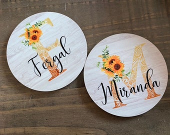 Personalised sunflower initial coaster,  sublimated no peeling coaster, round coaster sunflower and mandala letter, table desk decor