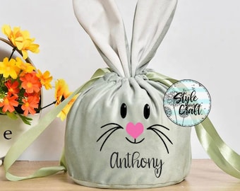 Sac de Pâques, panier lapin, panier de bonbons, panier réutilisable en velours et tissu, panier de Pâques personnalisé, visage de lapin, panier oreilles en velours