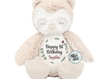 Peluche personnalisée hibou ou paresseux, souvenir de nouveau-né, premier Noël/anniversaire en peluche, décoration de chambre d'enfant, cadeau de baby shower/première visite