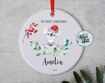 Koala  First Christmas ornament, Aussie animal ceramic ornament, double sided not peel or fade, personalised name and message