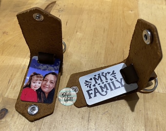 Porte-clés en cuir avec photo, insert en aluminium, bouton-pression en cuir marron et argent, idée cadeau pour les grands-parents.