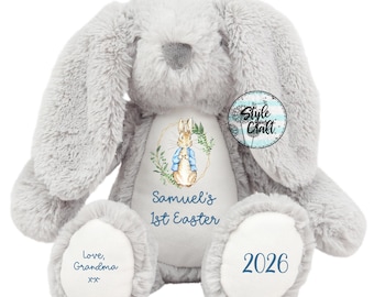 Peluche personnalisée lapin de Pâques, souvenir nouveau-né, décoration de chambre d'enfant, lapin personnalisé, cadeau bébé, lapin gris blanc