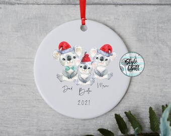 Ornement de Noël familial koala, ornement animal australien en céramique ou en aluminium double face qui ne pèle pas et ne se décolore pas, noms et message personnalisés