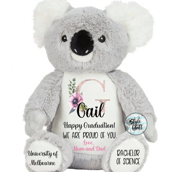 Graduation Personalised Koala plush, Koala personalised, end of journey gift, Australian university memento. Graduation teddy.