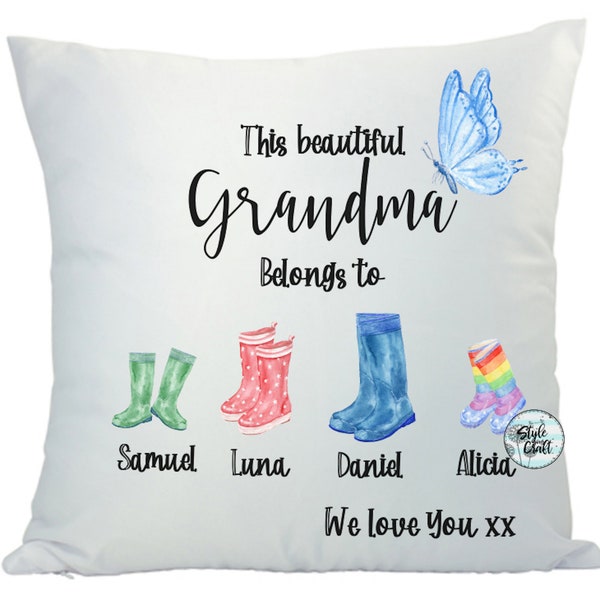 Maman et enfants, grand-mère et enfants weelies, coussin personnalisé avec petits-enfants, nouveauté fête des Mères cadeau imprimé coussin gumboots