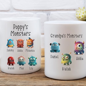 Grandpa&#39;s monsters mug, different monsters, grandkids, children names, personalised mug Poppy, grandpa, Dad