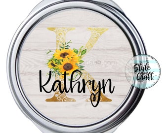 Personalised sunflower initial compact mirror,  sublimated no peeling, round silver mirror sunflower mandala letter, compact personalised