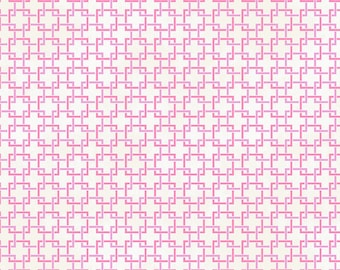 May include: A white fabric with a repeating pattern of pink and light pink interlocking squares.
