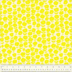 May include: A fabric with a repeating pattern of yellow flowers on a cream background. The flowers have rounded petals and are arranged in a grid-like fashion. The fabric has a ruler along the bottom edge.